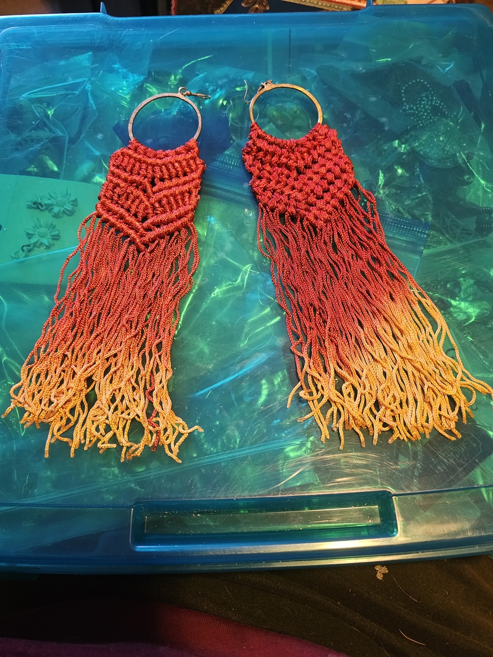Handmade Red to Orange Ombre Macramé Fringe Hoop Earrings